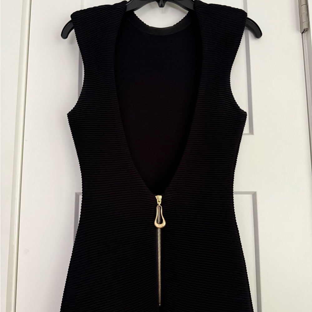Aje Rushes Raffia Trimmed Ribbed Stretch Knit Dress Black - Picture 4 of 11